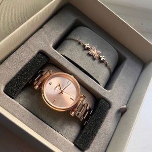 NWT Fossil Women’s Stainless Steel Rose Gold Watch and Butterfly Bracelet